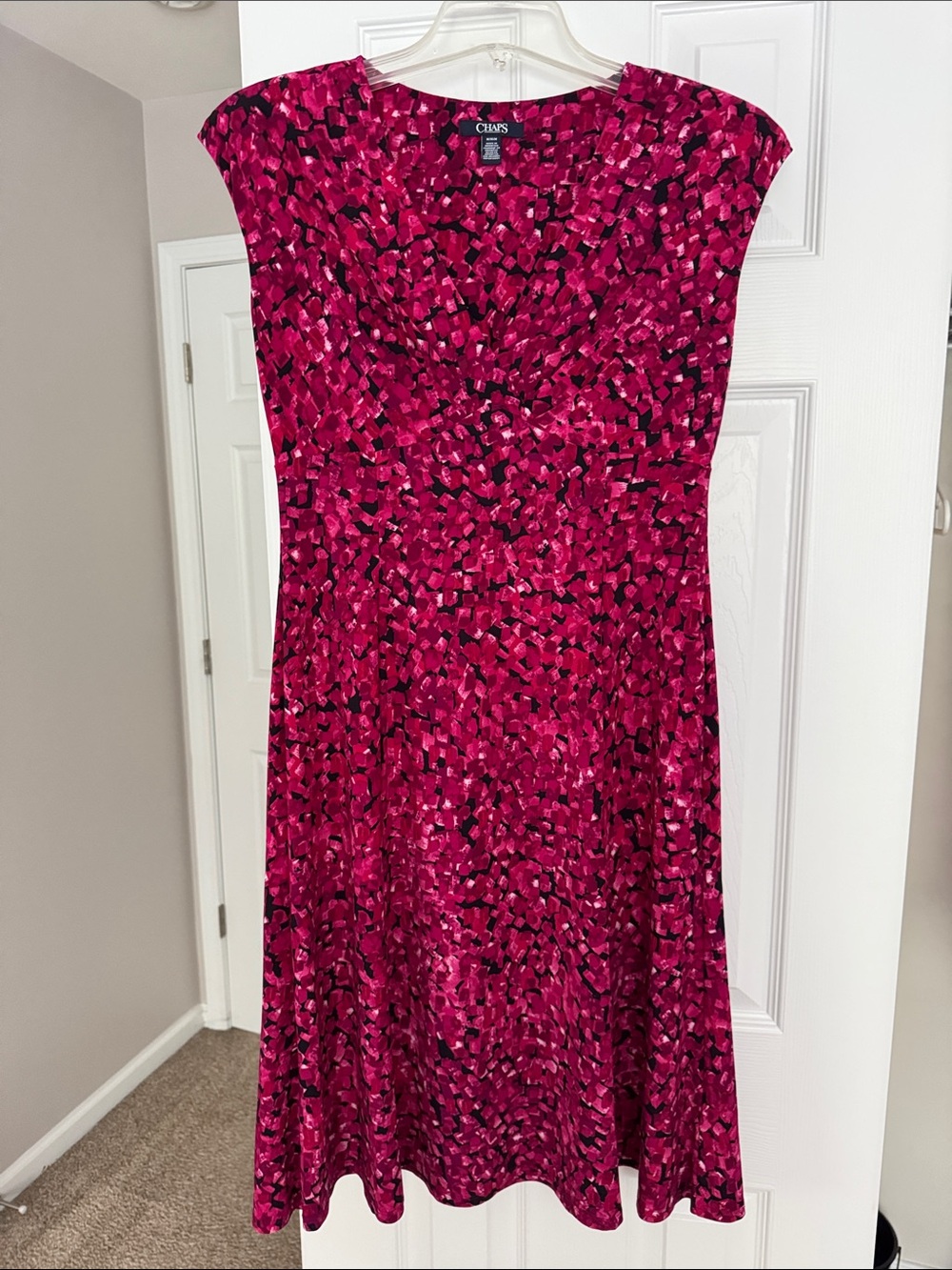 Chaps Fuchsia and Black Cap-Sleeve A-Line Dress